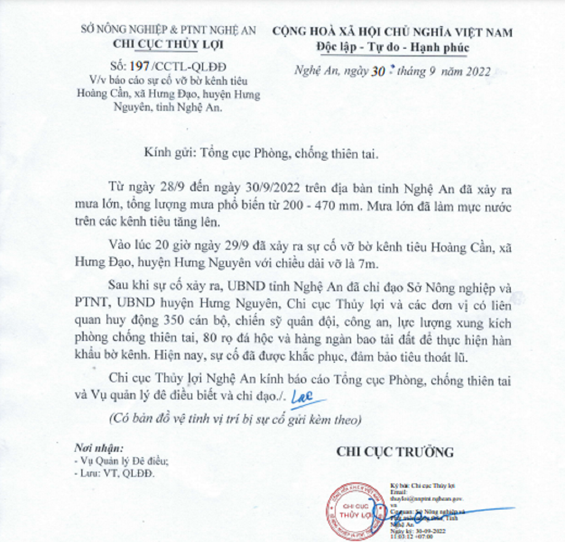 B&aacute;o c&aacute;o về sự cố vỡ đ&ecirc; ở Nghệ An