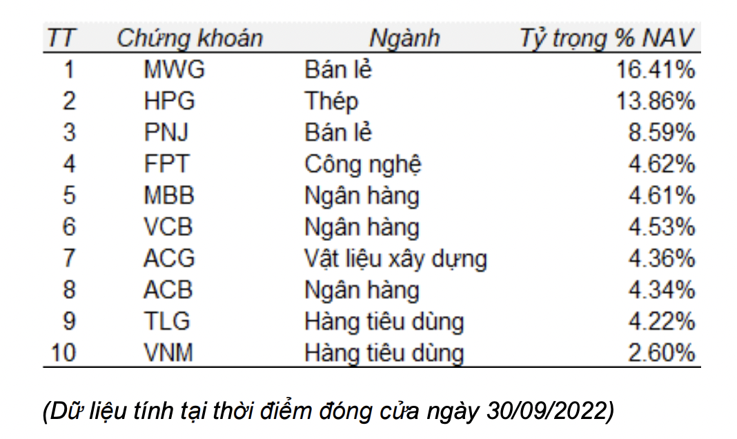 Top 10 danh mục đầu tư của quỹ.