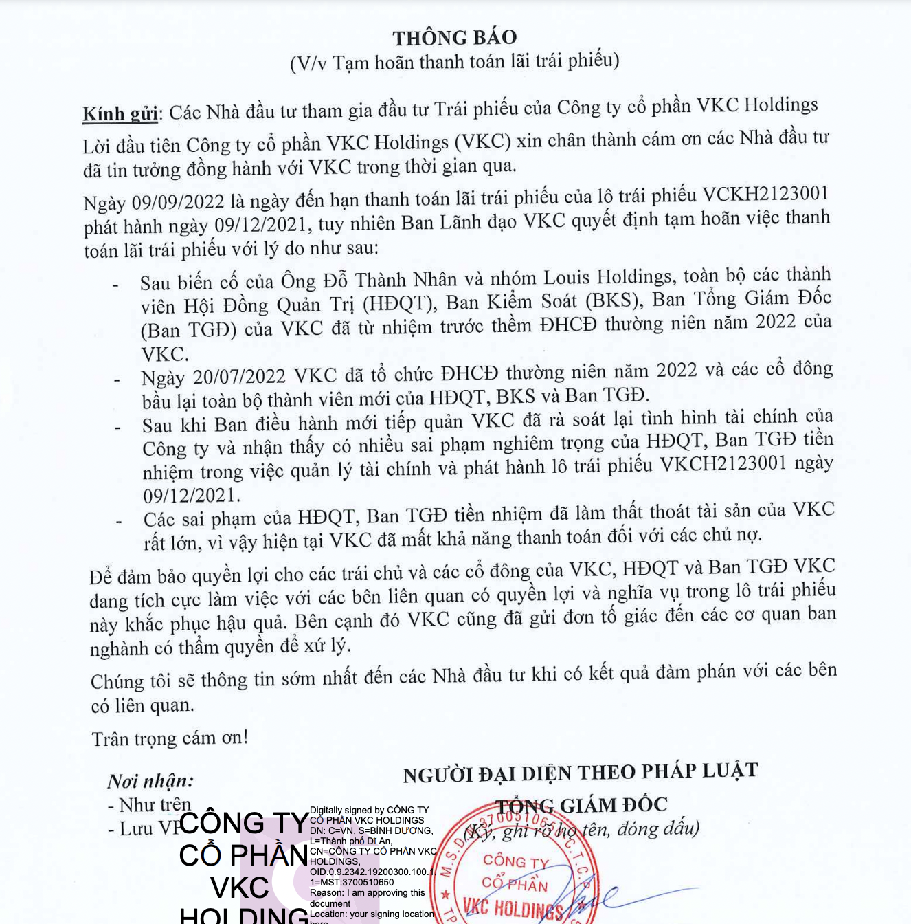 Thông báo của VKC. 