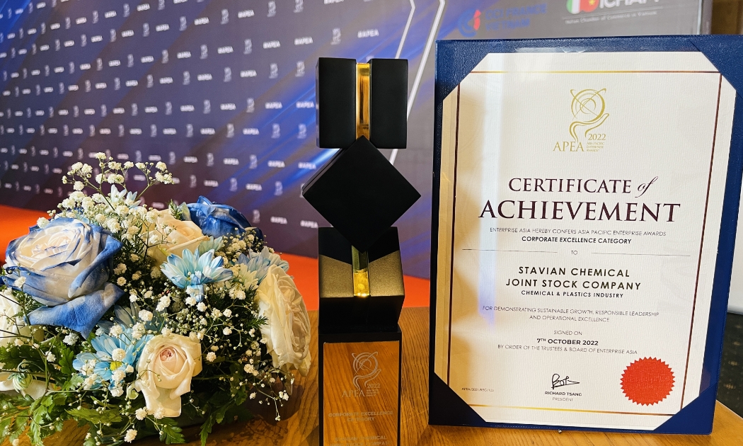 Giải thưởng Doanh nghiệp xuất sắc châu Á 2022 đánh dấu sự công nhận của cộng đồng doanh nghiệp trong khu vực đối với sự tăng trưởng và những đóng góp của Stavian Chemica.