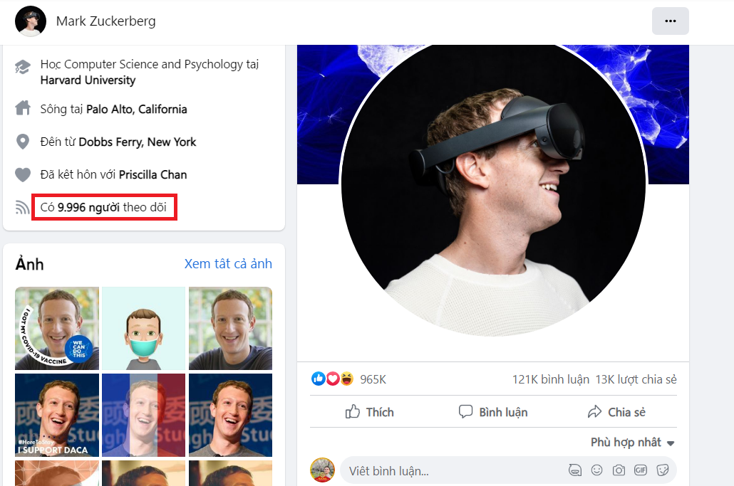 Ngay cả Mark Zuckerberg, CEO Facebook cũng bị tình trạng tương tự khi lượt theo dõi còn 9.996 người theo dõi.