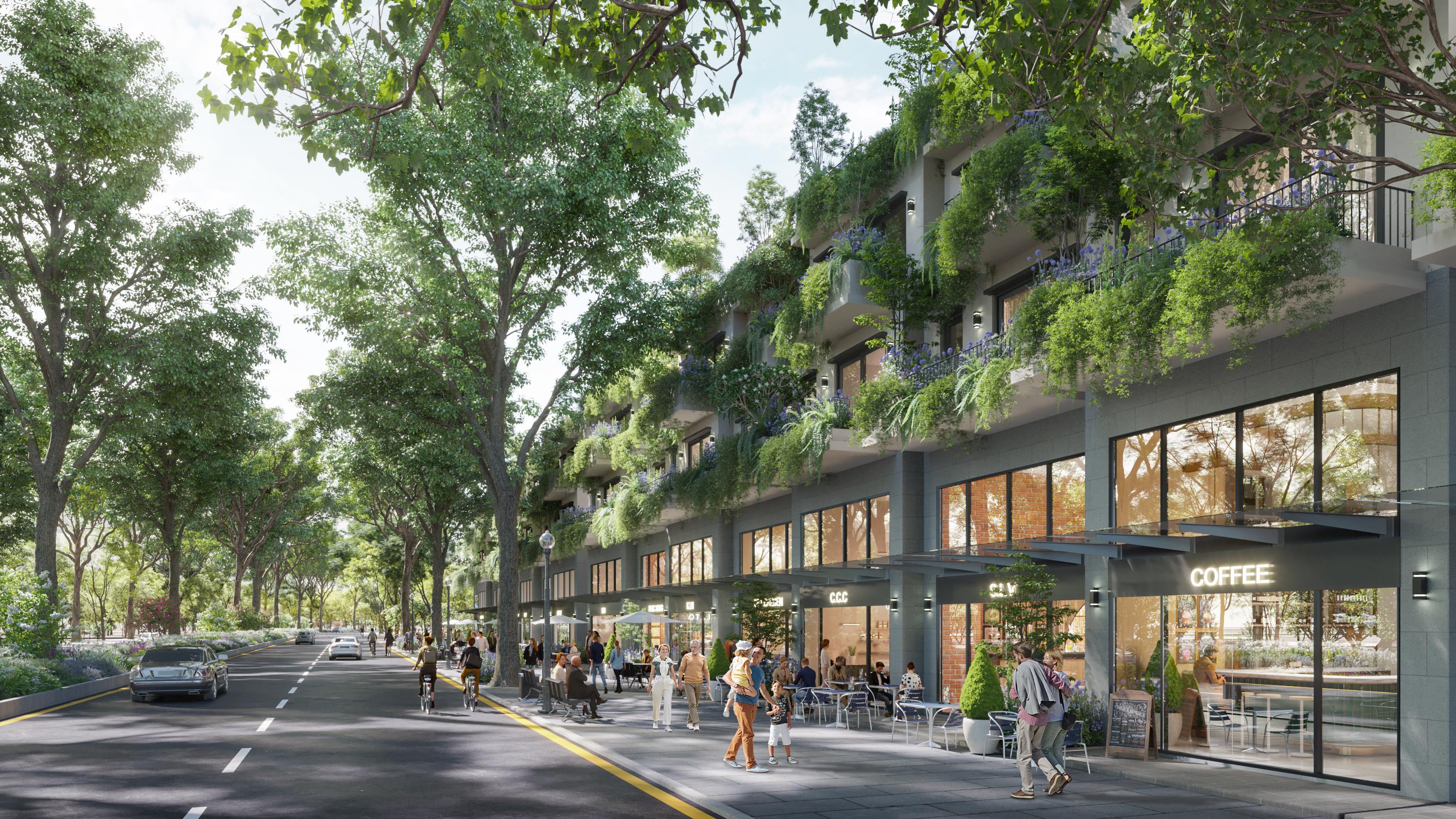 Phối cảnh 1 g&oacute;c phố thương mại tại khu đ&ocirc; thị ở th&agrave;nh phố Vinh của Nh&agrave; s&aacute;ng lập Ecopark.