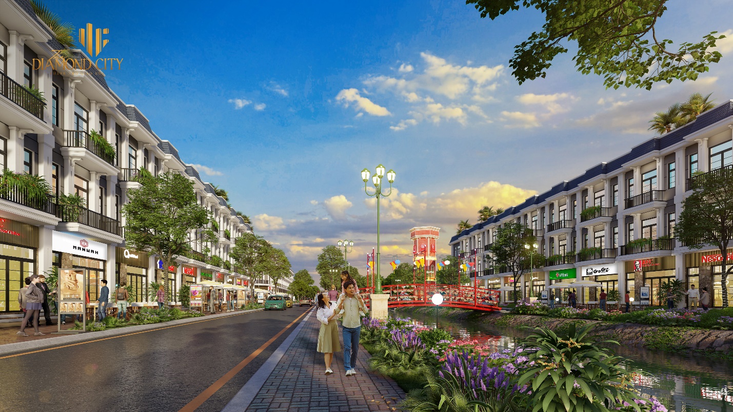 Quảng trường Hà Lan với hệ thống tiện ích - cảnh quan đầu tư bài bản hứa hẹn là điểm đến điền viên cho cư dân The Diamond City (Nguồn ảnh: Thắng Lợi Land).