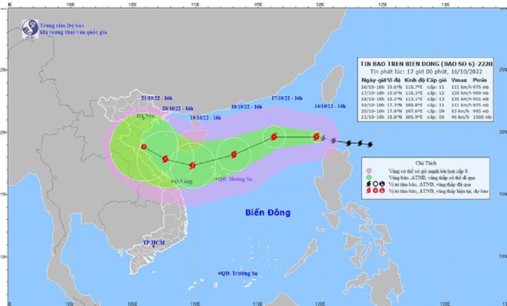 Dự báo vị trí và đường đi của bão số 6 (bão NESAT). Ảnh NCHMF.
