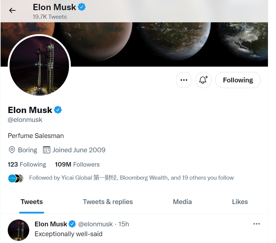 Tài khoản Twitter cá nhân của ông Musk hiện có hơn 109 triệu người theo dõi.