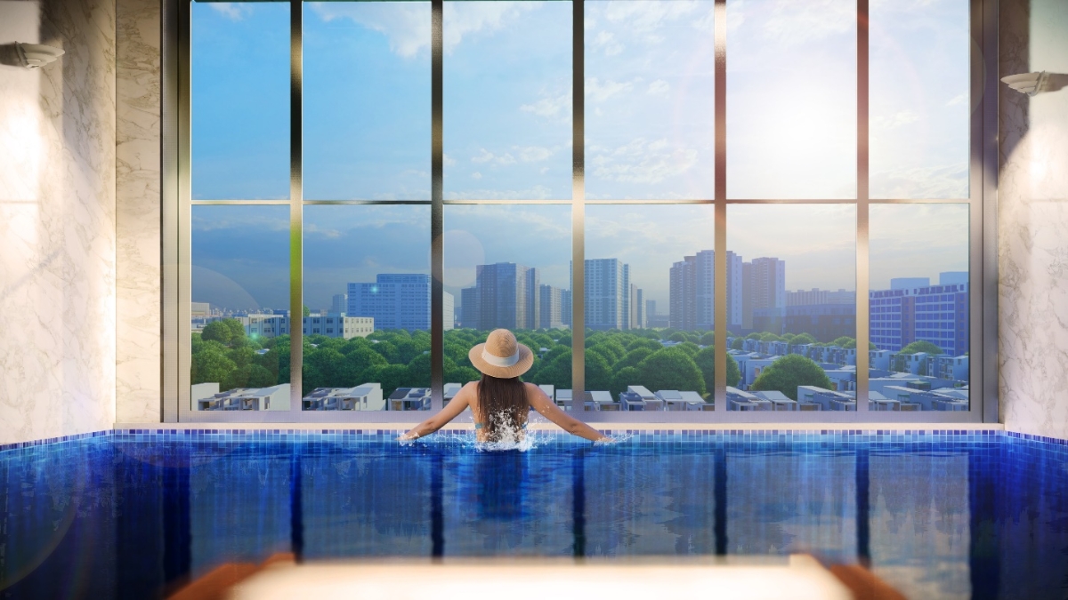 Bể bơi cao cấp ngay tại khu vực thương mại dịch vụ là một điểm cộng của tòa DV01.