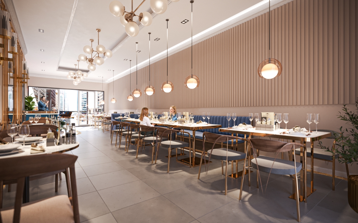 Thiết kế trần cao v&agrave; &ocirc; cửa k&iacute;nh rộng gi&uacute;p chủ kinh doanh dễ d&agrave;ng b&agrave;i tr&iacute;, thu h&uacute;t kh&aacute;ch h&agrave;ng.