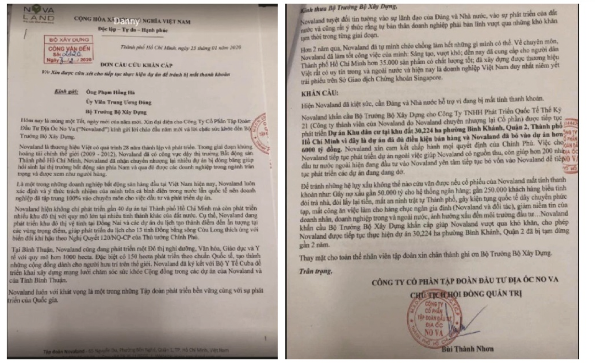 Đơn cầu cứu của NVL từ năm 2020 - Nguồn: Novaland.&nbsp;