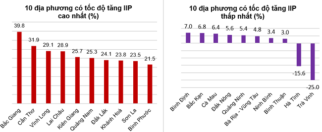 Tốc độ tăng/giảm IIP 10 th&aacute;ng năm 2022so với c&ugrave;ng kỳ năm trước của một số địa phương. Nguồn: Tổng cục Thống k&ecirc;.