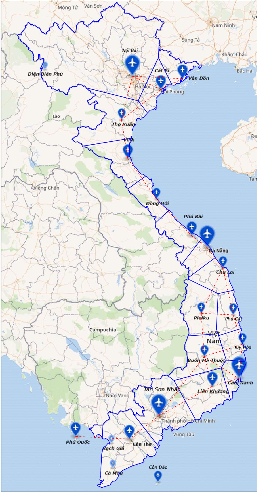 Vùng địa lý của 19 sân bay quan trọng có sản lượng năm 2019 trên 250.000 hành khách.
