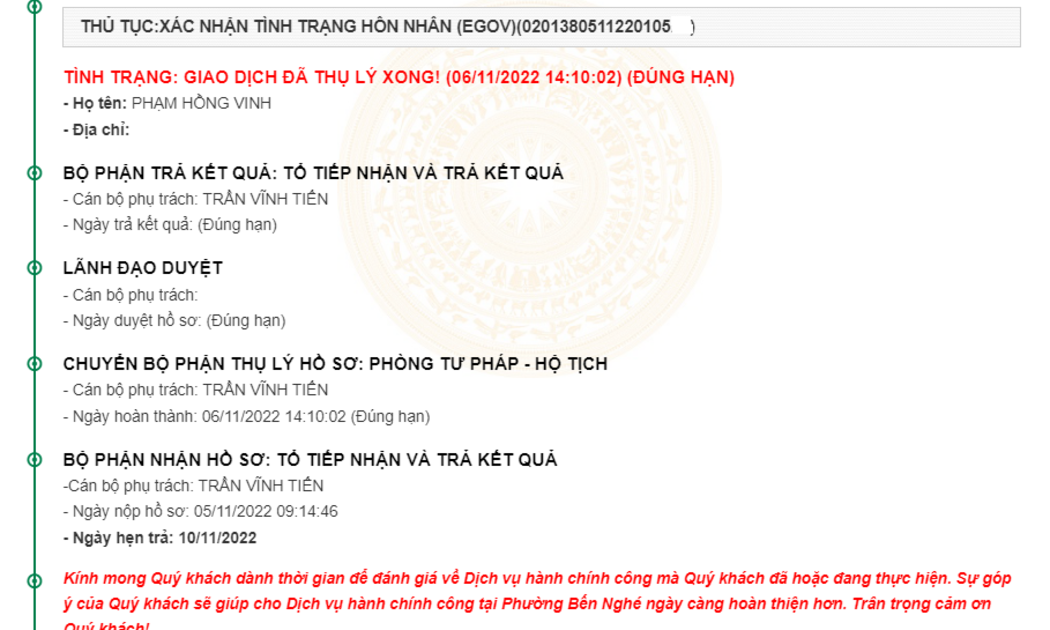 Thông báo kết quả dịch vụ công trực tuyến của UBND Phường Bến Nghé Quận 1 (Ảnh minh họa).