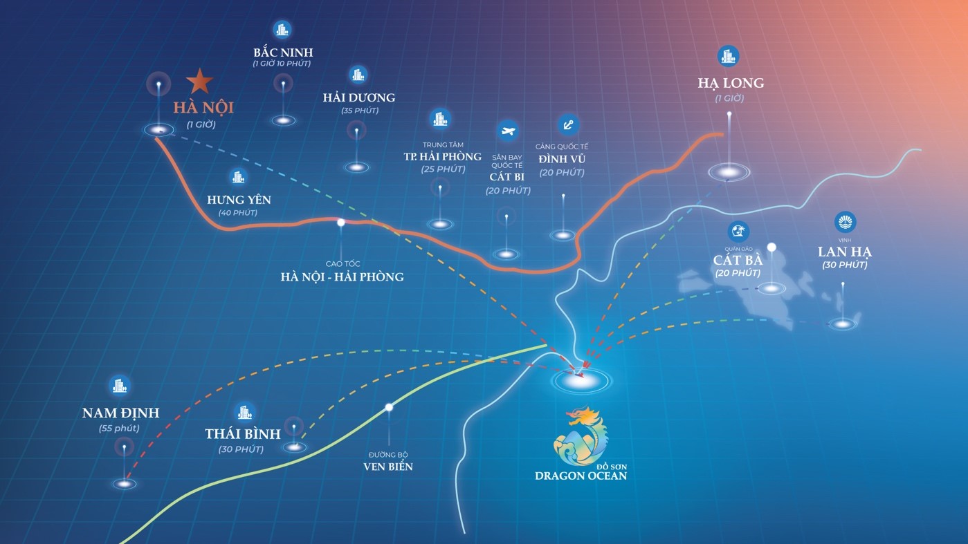 Từ H&agrave; Nội, du kh&aacute;ch chỉ mất hơn 60 ph&uacute;t di chuyển đến khu du lịch Quốc tế Đồi Rồng.