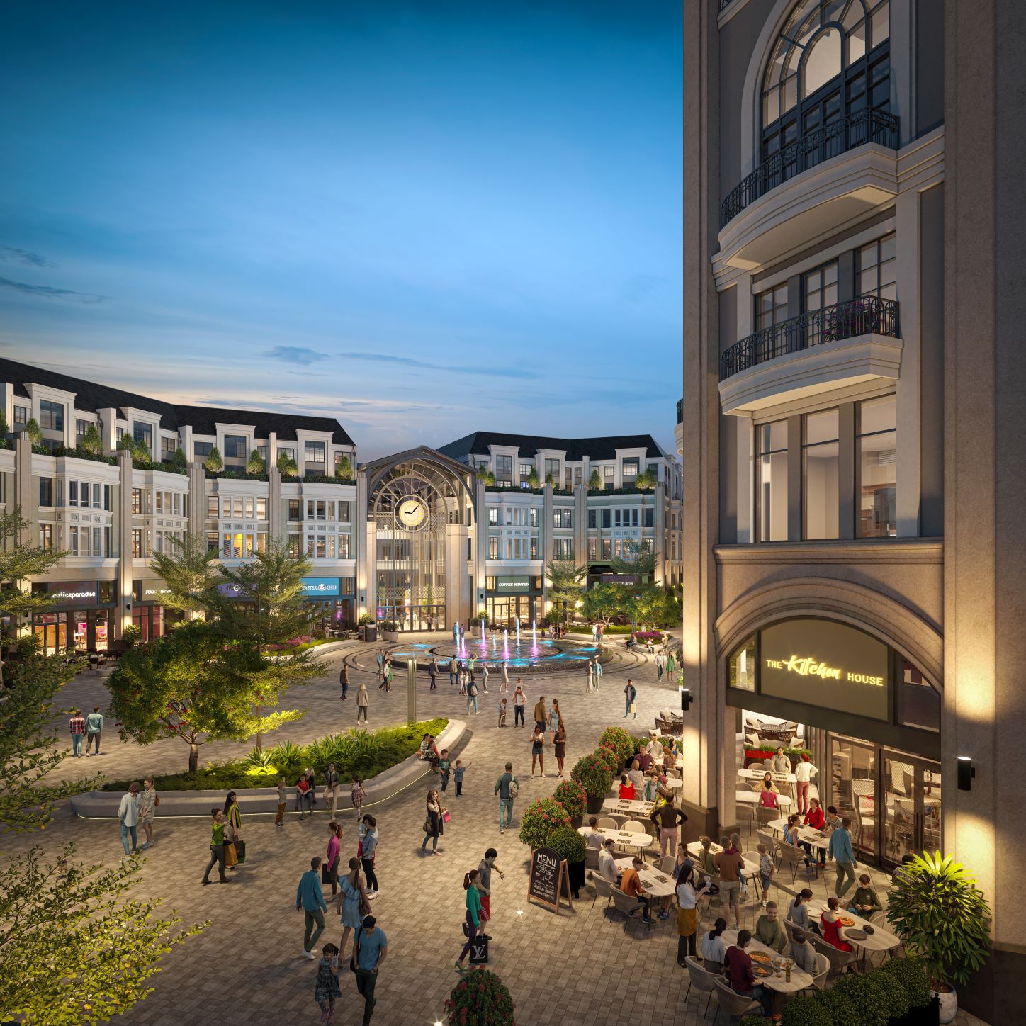 Mặt tiền trước ấn tượng tại tầng thương mại hướng ra quảng trường sự kiện sôi động.