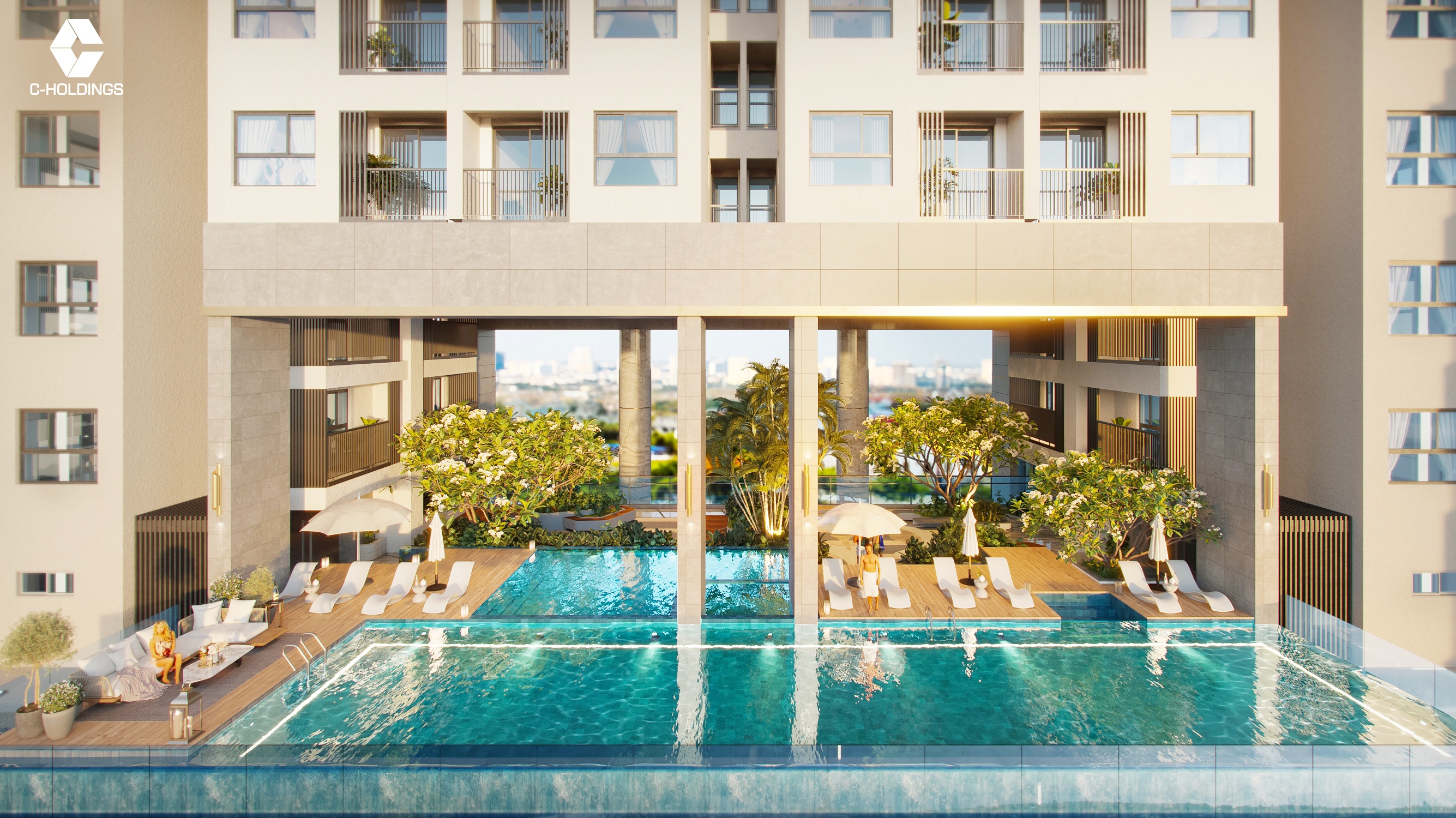 Hồ bơi xanh mát tầm nhìn sông Sài Gòn tại C-River View. Ảnh: C-Holdings.