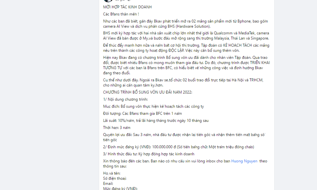 CEO Bkav Nguyễn Tử Quảng gọi vốn trên fanpage BPhone Fans Club