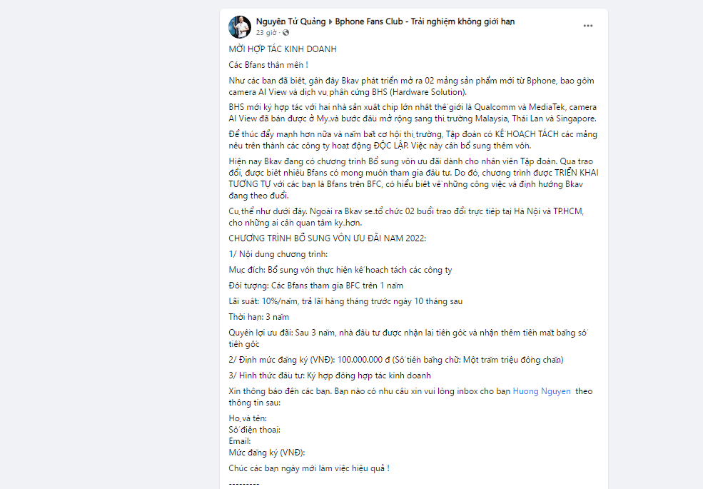 CEO Bkav Nguyễn Tử Quảng gọi vốn trên fanpage BPhone Fans Club