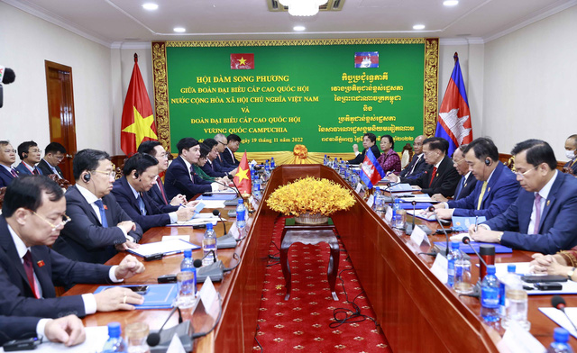 Chủ tịch Quốc hội Vương Đ&igrave;nh Huệ hội đ&agrave;m với Chủ tịch Quốc hội Campuchia Samdech Heng Samrin - Ảnh: TTXVN