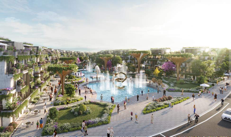 Phối cảnh quảng trường v&agrave; nhạc nước tại ph&acirc;n khu The Plaza trong si&ecirc;u dự &aacute;n Eco Central Park.
