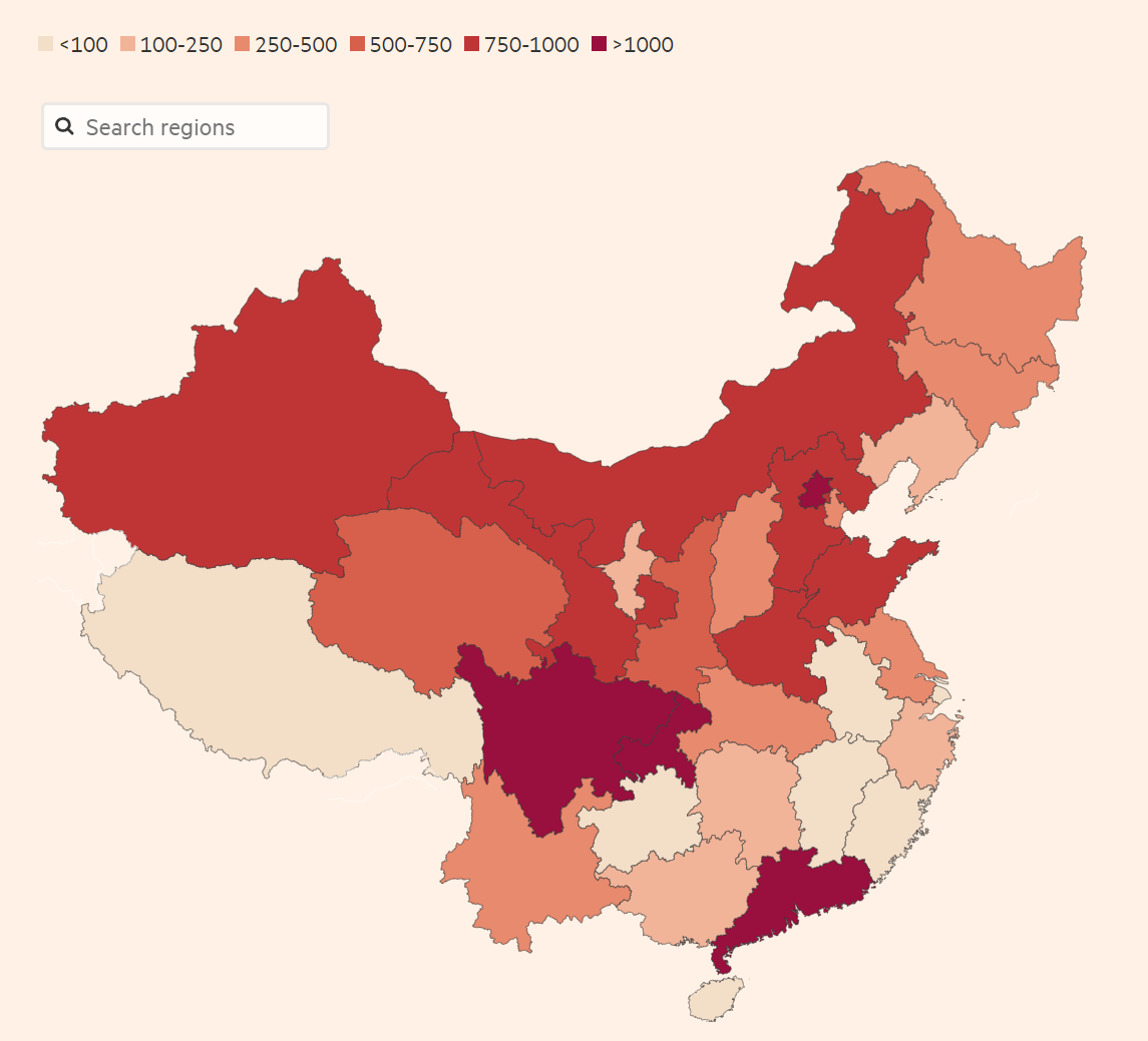 Bản đồ thể hiện số ca nhiễm ghi nhận trong ng&agrave;y 22/11 theo từng khu vực tại Trung Quốc - Nguồn:&nbsp;Ủy ban Y tế Quốc gia Trung Quốc/Financial Times
