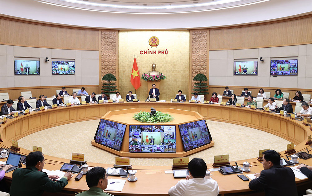 Thủ tướng Chính phủ Phạm Minh Chính chủ trì Hội nghị trực tuyến toàn quốc về truyền thông chính sách. Ảnh: TTXVN