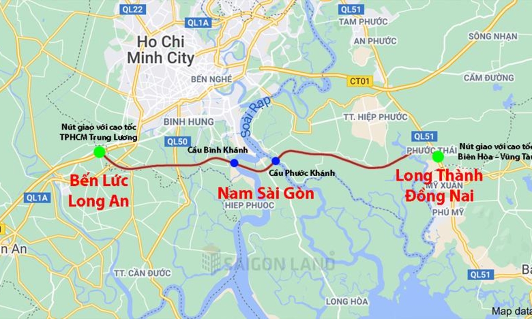 Sơ đồ và hướng tuyến của cao tốc Bến Lức - Long Thành trên bản đồ.