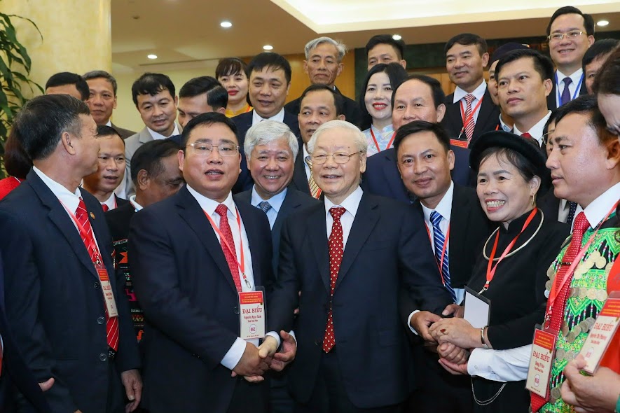 Tổng B&iacute; thư Nguyễn Ph&uacute; Trọng c&ugrave;ng đại biểu tham dự buổi gặp mặt. Ảnh - Quang Vinh.&nbsp;