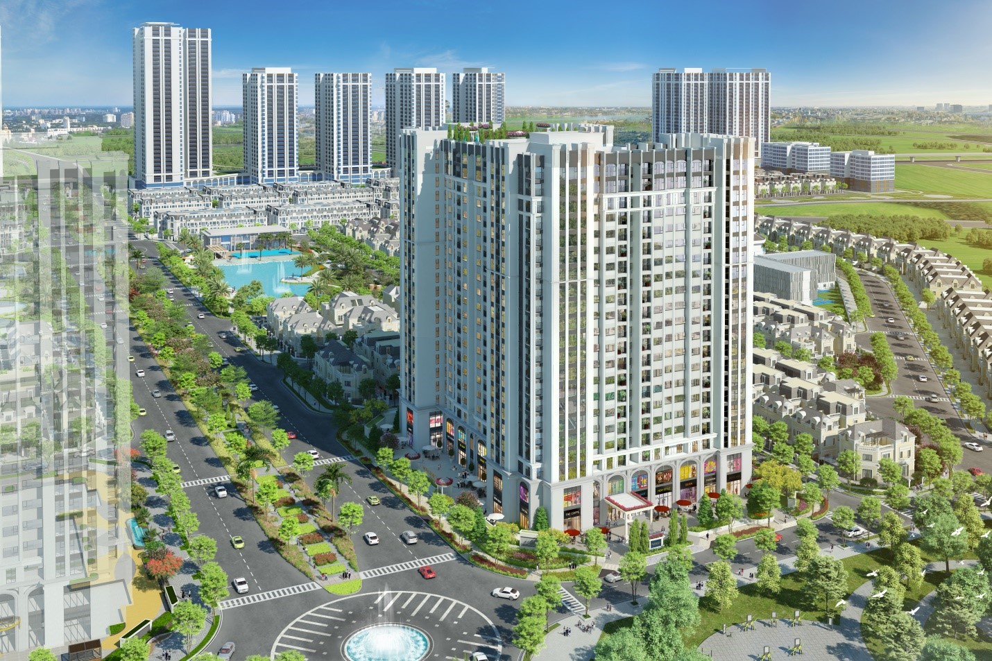Bao quanh tòa căn hộ là hơn 36,6 ha diện tích công viên, hồ điều hòa xanh mát.