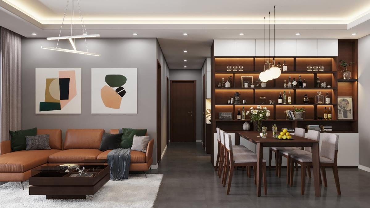 Thiết kế mở tạo sự kết nối giữa phòng khách và bàn ăn. Ảnh phối cảnh: Xuân Mai Corp.