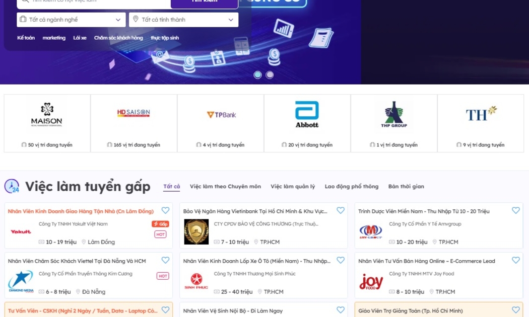Tìm Việc Nhanh vừa được hợp nhất vào Việc Làm 24h. (Ảnh giao diện website).
