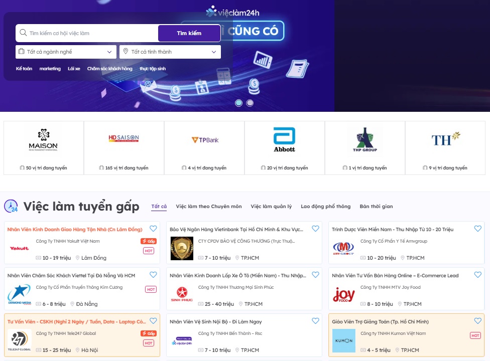 Tìm Việc Nhanh vừa được hợp nhất vào Việc Làm 24h. (Ảnh giao diện website).