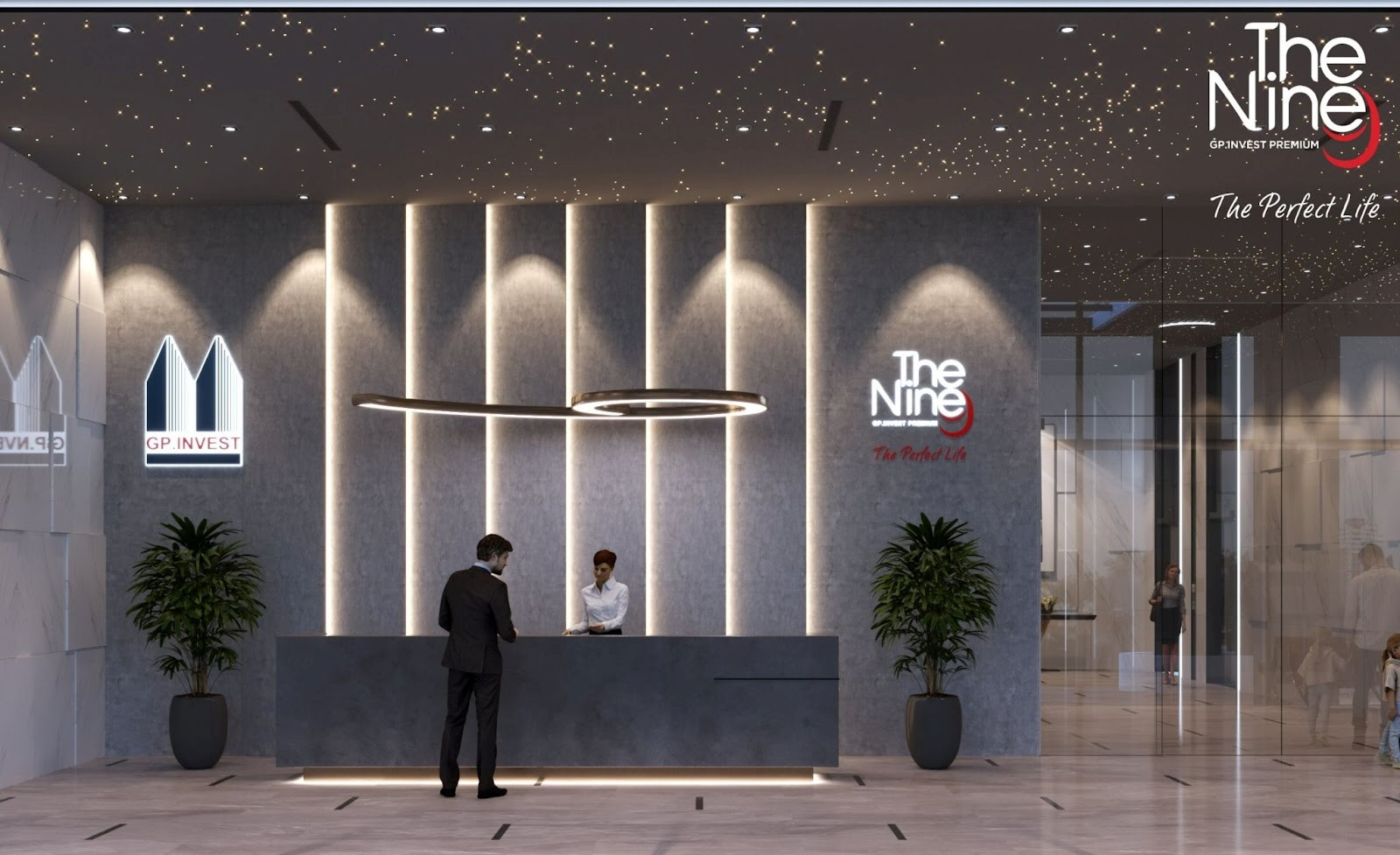 Sảnh khu căn hộ Dự &aacute;n The Nine với hệ thống chiếu s&aacute;ng đặc biệt.