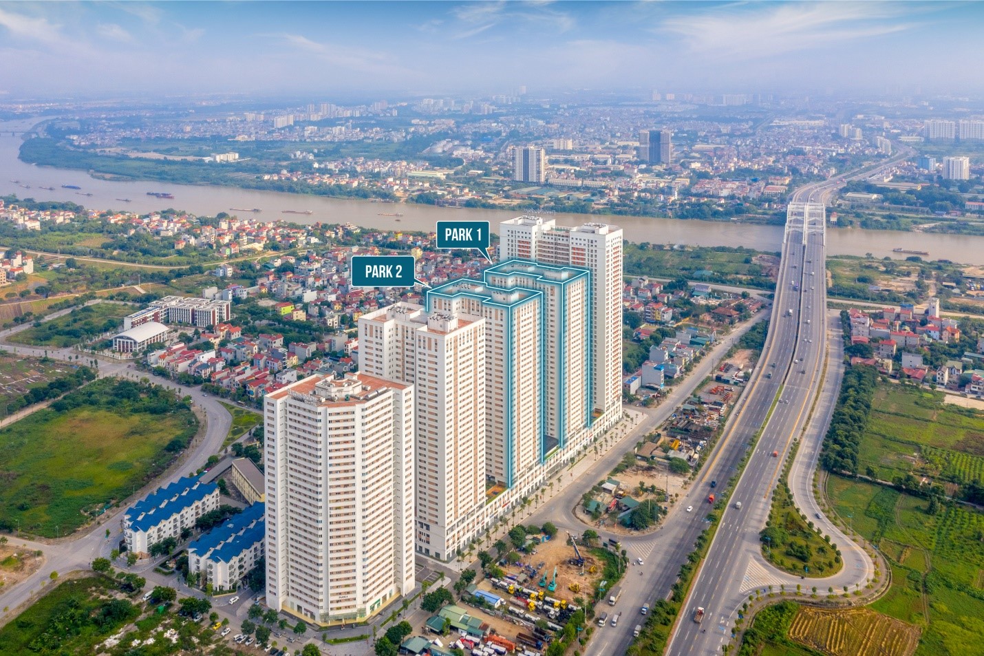 Vị tr&iacute; đắc địa của hai t&ograve;a Park 1, Park 2.