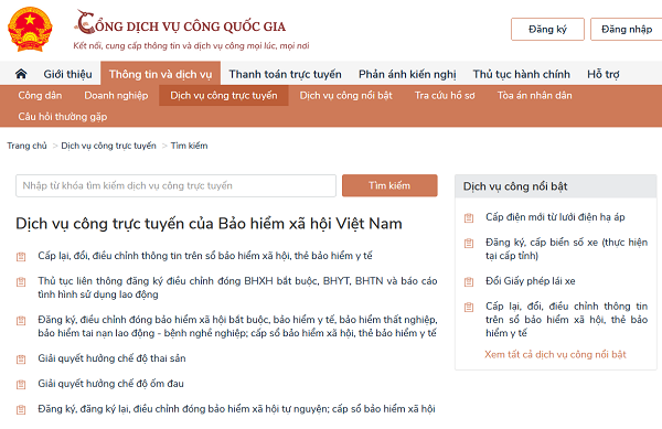 Các dịch vụ công trực tuyến của Bảo hiểm xã hội Việt Nam. 