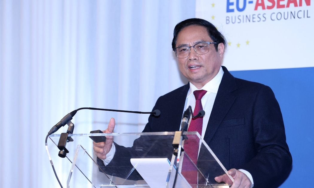 Thủ tướng Phạm Minh Chính dự và phát biểu tại Hội nghị Thượng đỉnh Kinh doanh ASEAN-EU - Ảnh: VGP