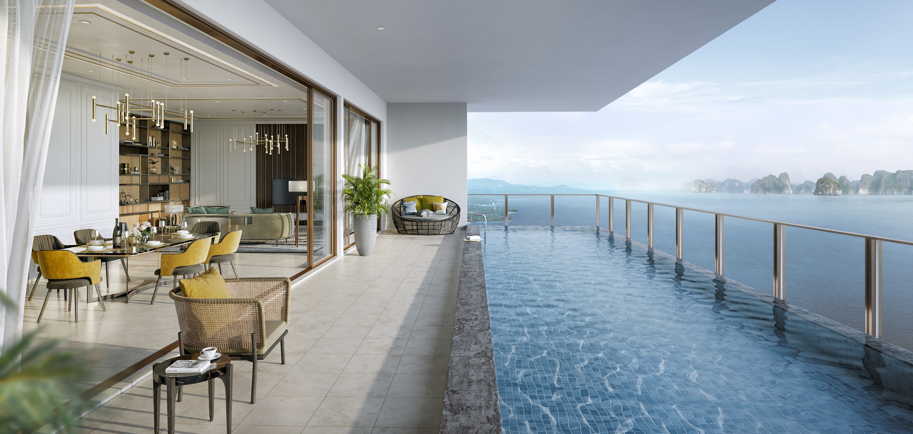 Sky Pool Villa được thiết kế bằng cảm hứng từ âm hưởng của cuộc sống chài lưới và vẻ đẹp đậm tính thi ca của vùng Vịnh.