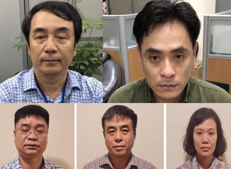 Ông Trần Hùng (hàng trên, bên trái) và các bị can liên quan đến đường dây sản xuất, buôn bán sách giáo khoa giả. Ảnh: Bộ Công an