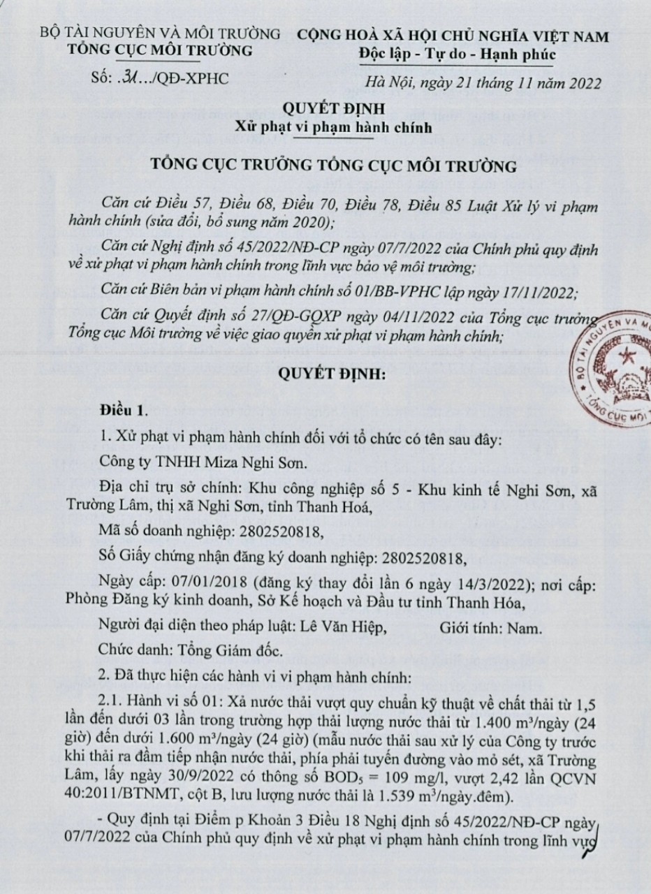 Quyết định xử phạt của Tổng cục M&ocirc;i trường, Bộ T&agrave;i nguy&ecirc;n & M&ocirc;i trường