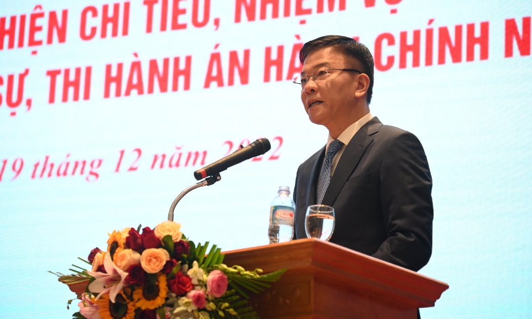 Bộ trưởng Bộ Tư pháp Lê Thành Long đến dự và phát biểu chỉ đạo tại Hội nghị. Ảnh: Bộ Tư pháp.