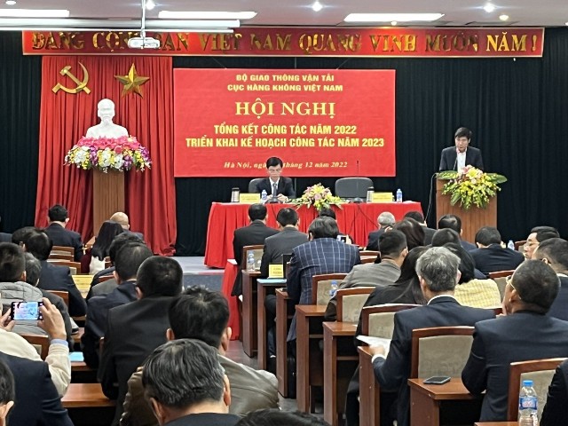 To&agrave;n cảnh&nbsp;Hội nghị tổng kết c&ocirc;ng t&aacute;c năm 2022 v&agrave; triển khai kế hoạch c&ocirc;ng t&aacute;c năm 2023 của Cục H&agrave;ng kh&ocirc;ng Việt Nam.