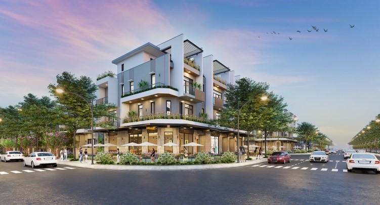Phối cảnh mặt tiền căn góc shophouse nằm trên trục đường 26m (Ảnh BGI).