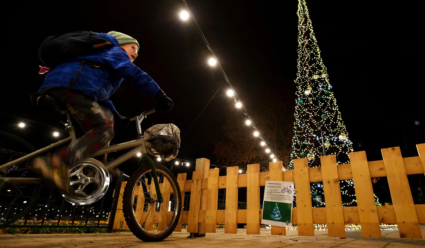 Một cậu bé đang đạp xe để cung cấp năng lượng cho việc thắp sáng cây thông Noel ở Budapest, Hungary.