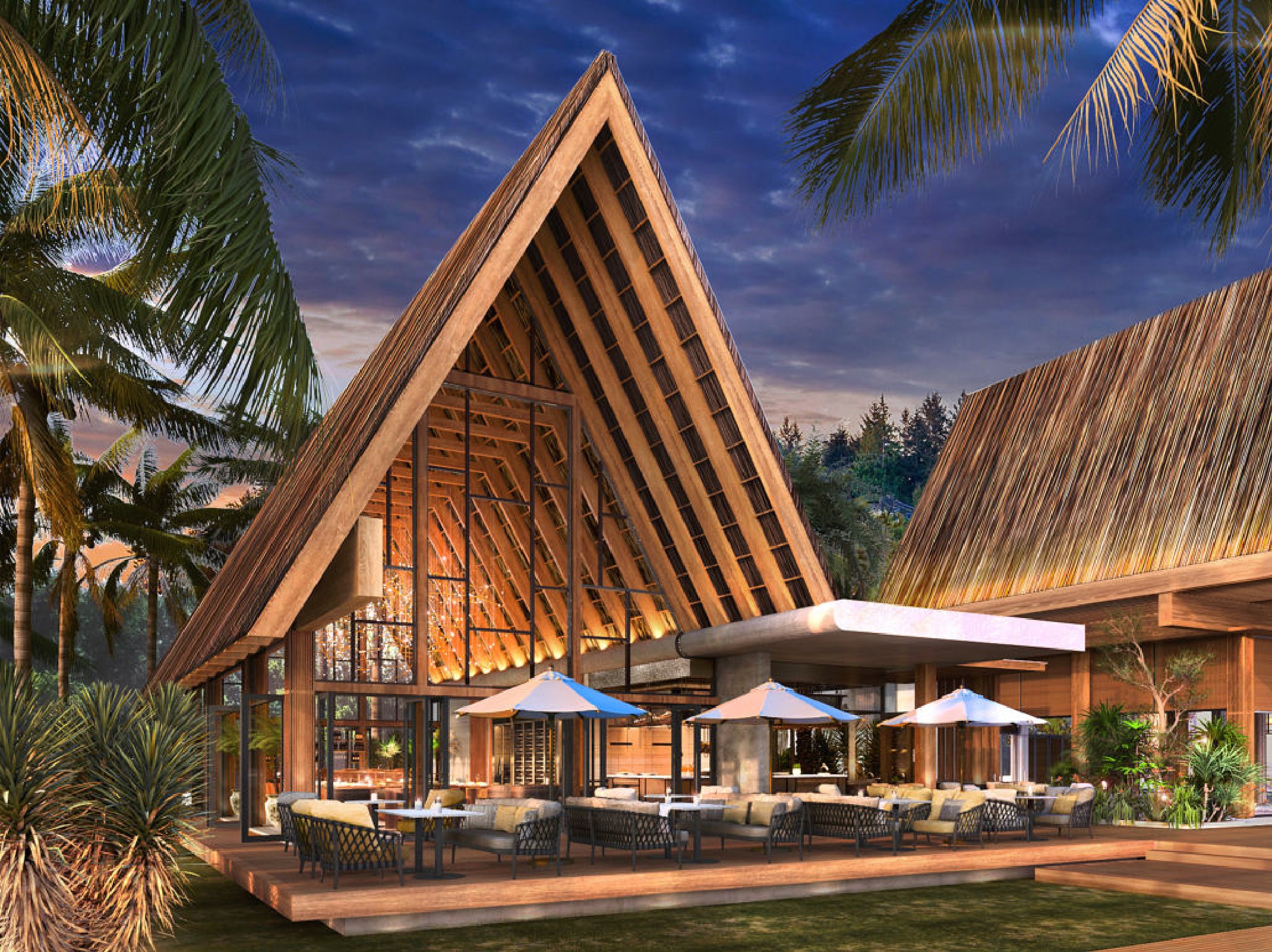 Kh&ocirc;ng gian mở tại nh&agrave; h&agrave;ng với lối kiến tr&uacute;c lấy cảm hứng từ nh&agrave; r&ocirc;ng T&acirc;y Nguy&ecirc;n.