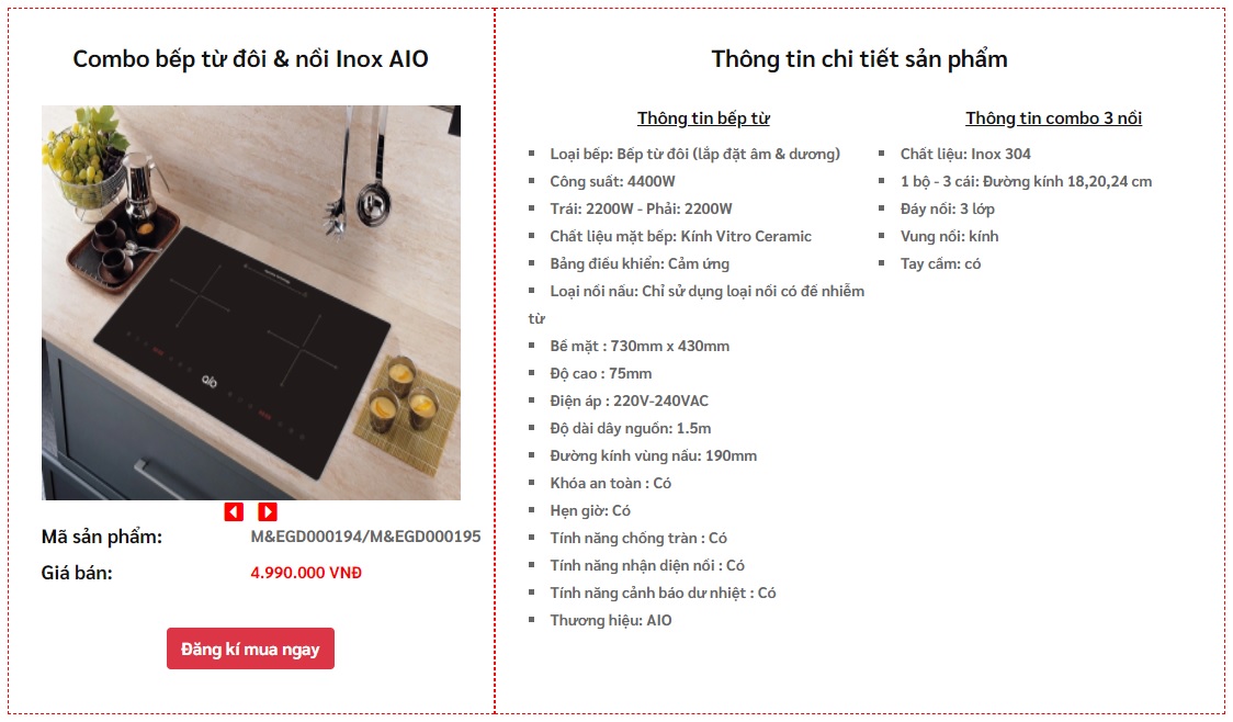 Các thông số kỹ thuật về bếp từ AIO.