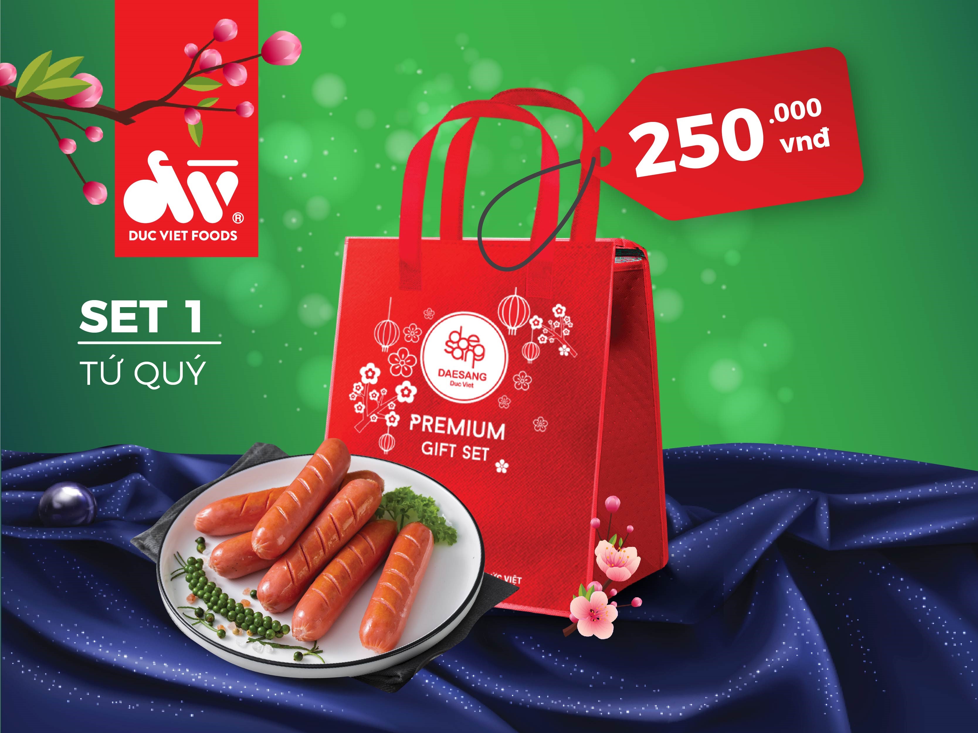 Set quà Tết Tứ quý có trọng lượng 1,5kg, bao gồm: Xúc xích New Yorks, Xúc xích Becllin, Xúc xích Roma và lạp xưởng Đức Việt.