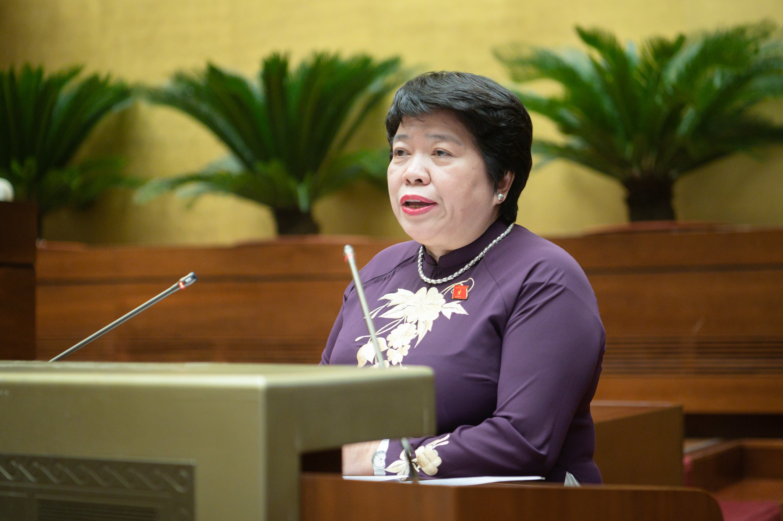 Chủ nhiệm Ủy ban Xã hội của Quốc hội Nguyễn Thúy Anh báo cáo giải trình, tiếp thu, chỉnh lý dự thảo Luật Khám bệnh, chữa bệnh (sửa đổi). Ảnh - Quochoi.vn. 