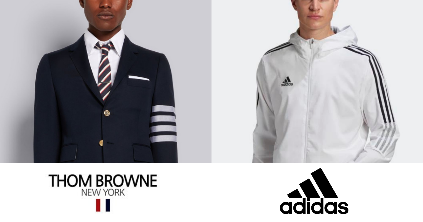 Họa tiết 4 đường kẻ sọc trên sản phẩm của Thom Browne liệu có gây nhầm lẫn với 3 đường kẻ đặc trưng của Adidas?