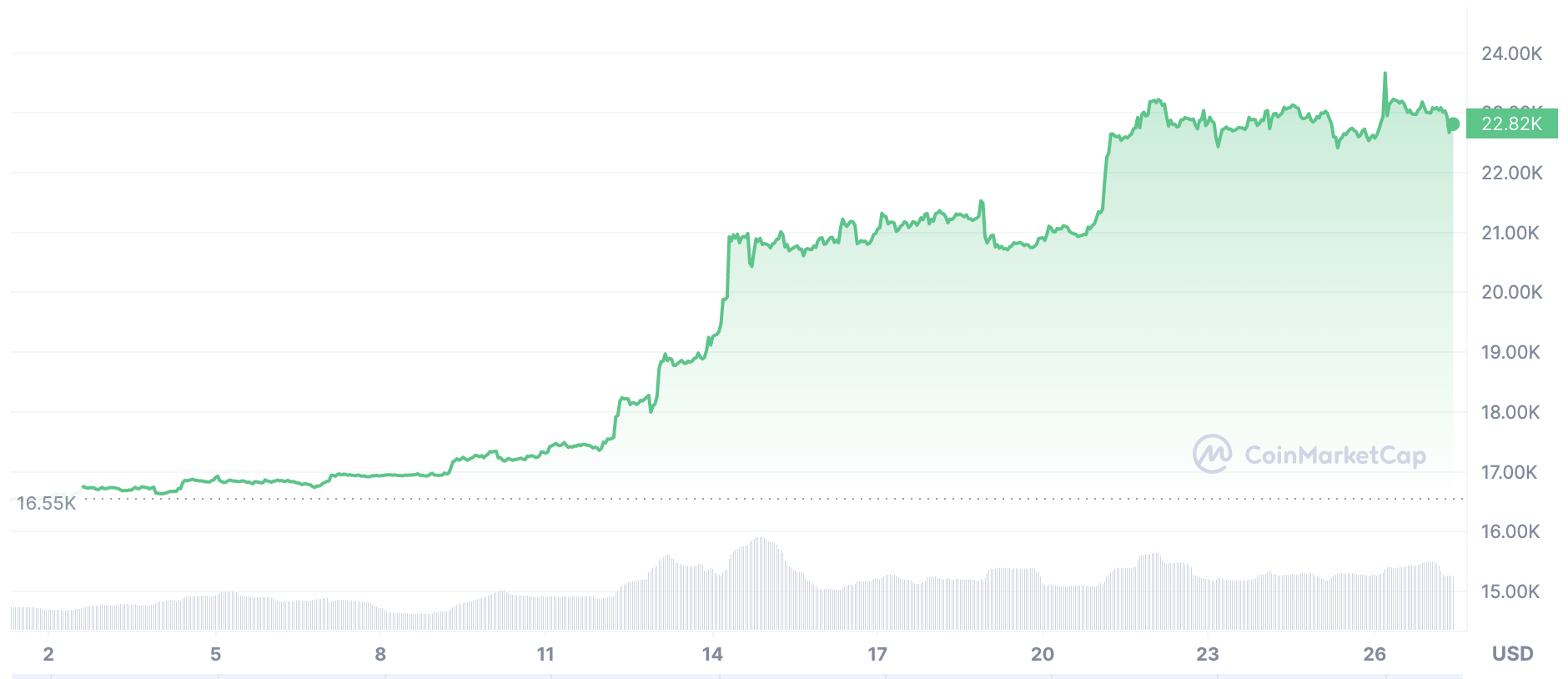Diễn biến giá Bitcoin từ đầu năm đến nay. Đơn vị: USD/Bitcoin.