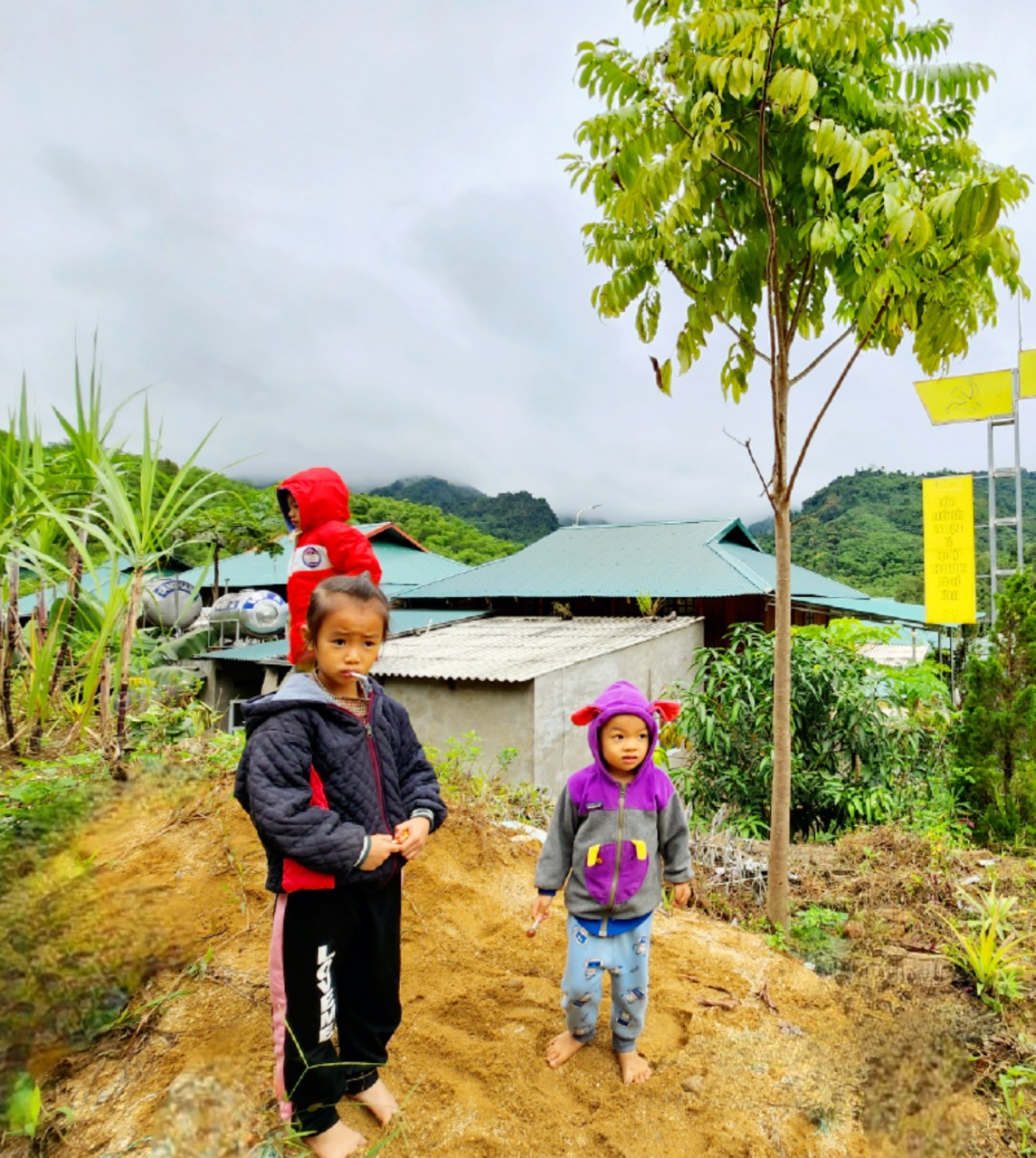 Trẻ em vui chơi bên mộ ngôi nhà mới