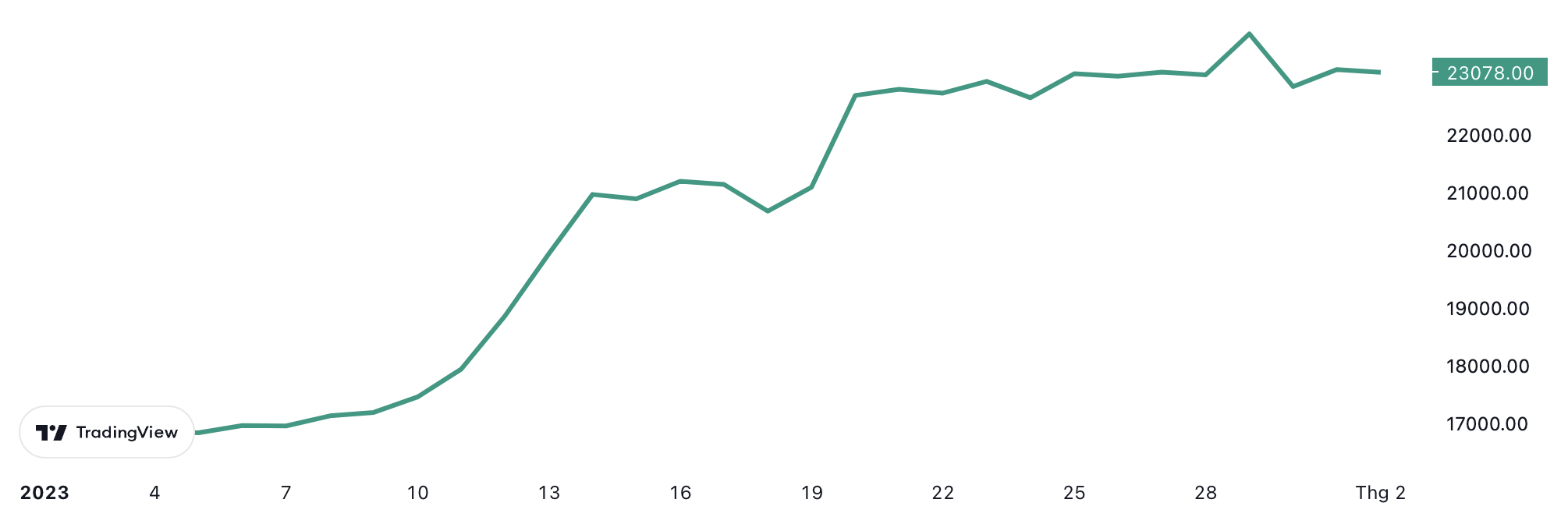 Diễn biến gi&aacute; Bitcoin từ đầu năm đến nay. Đơn vị: USD/Bitcoin.