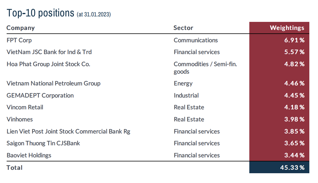 Top 10 cổ phiếu chiếm tỷ trọng cao trong danh mục của LMF.&nbsp;
